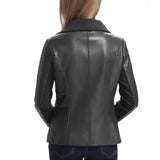 Women’s Asymmetrical Black Leather Jacket with Wool Blend Overlay - Trendy Jacket