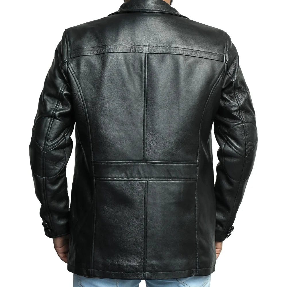 Murphy  Men's Real Lambskin Black Leather Car Coat - 3/4 Length Coat
