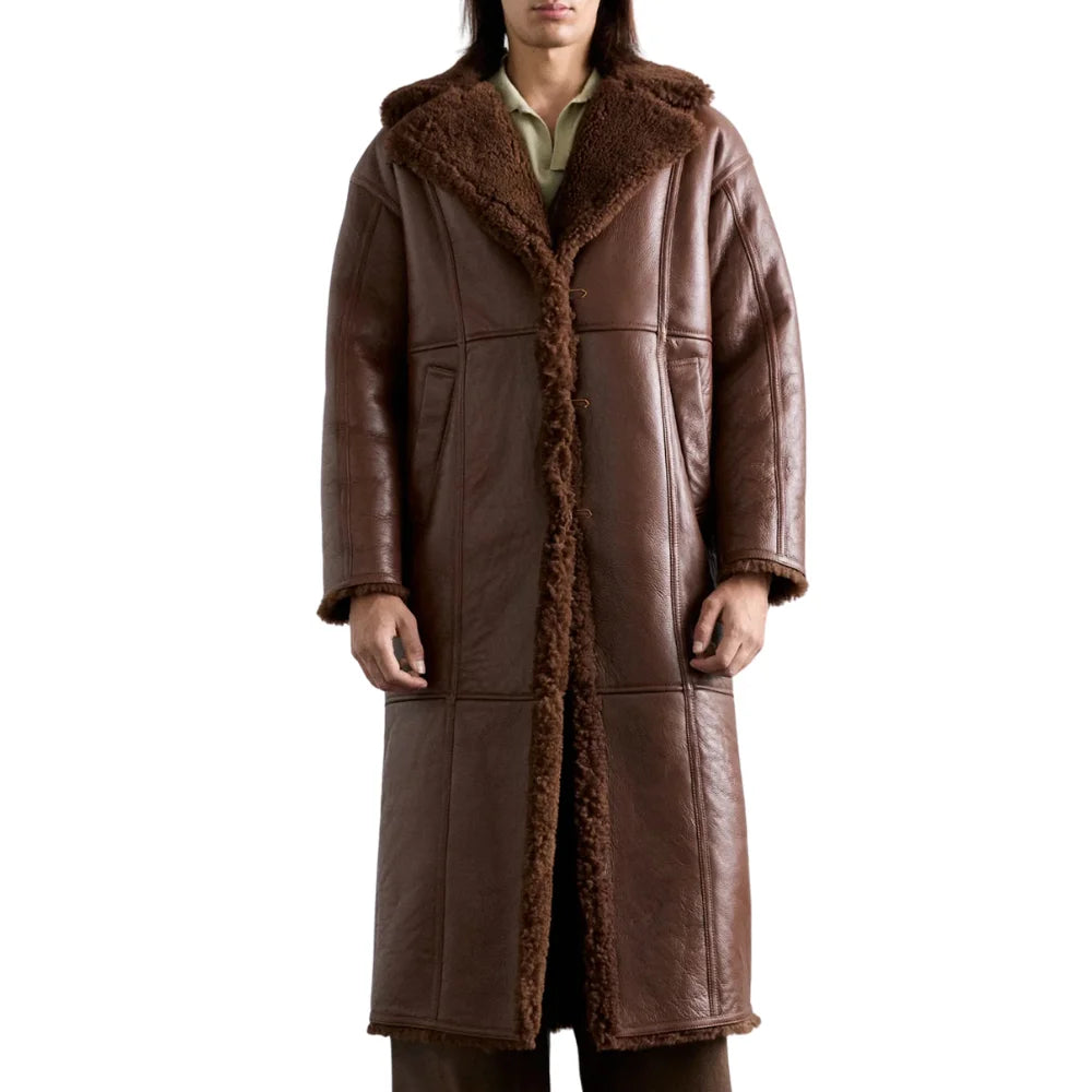 Men's Single Breasted Brown Shearling Long Coat