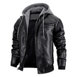 Men's Distressed Black Leather Bomber Jacket with Removable Hood