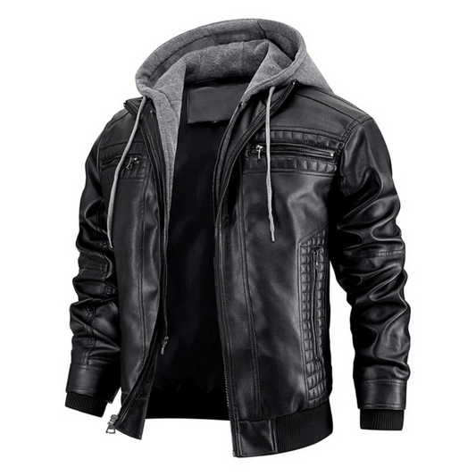 Men's Distressed Black Leather Bomber Jacket with Removable Hood