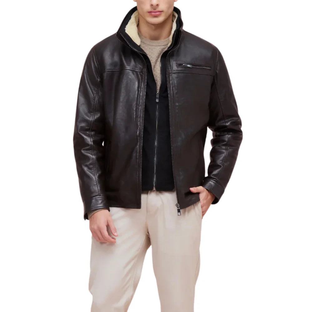 Men’s Brown Lamb Leather Jacket with Removable Quilted Vest