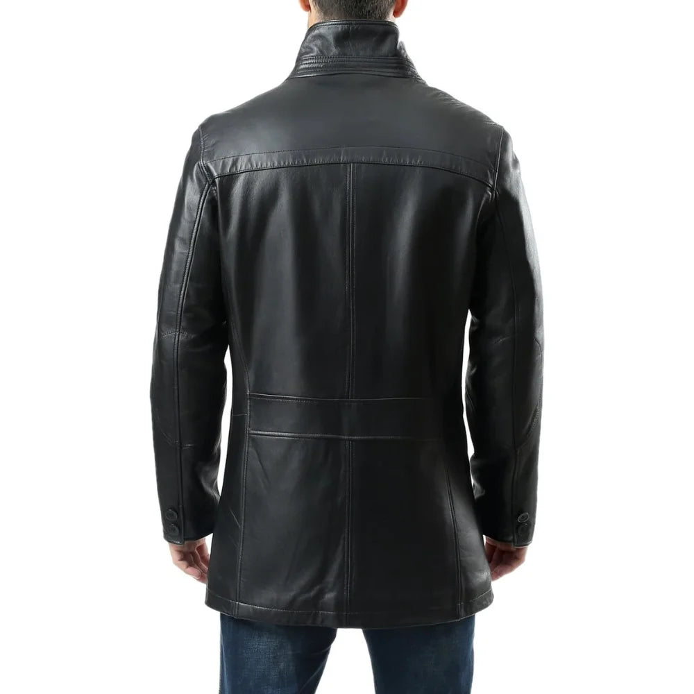Men's Black Real Lambskin Leather Car Coat — 3/4 Length