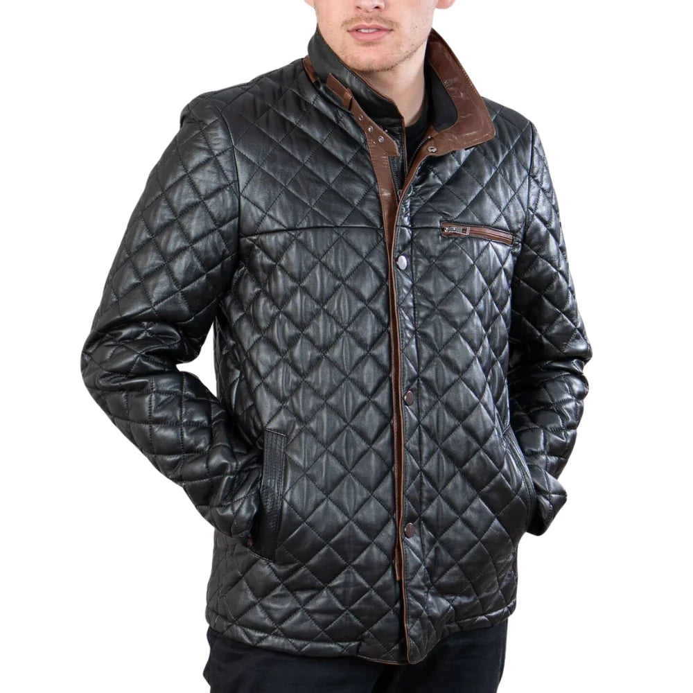 Mens Black Quilted Leather Car Coat