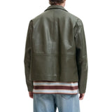 Men's Shirt Collar Olive Green Leather Jacket