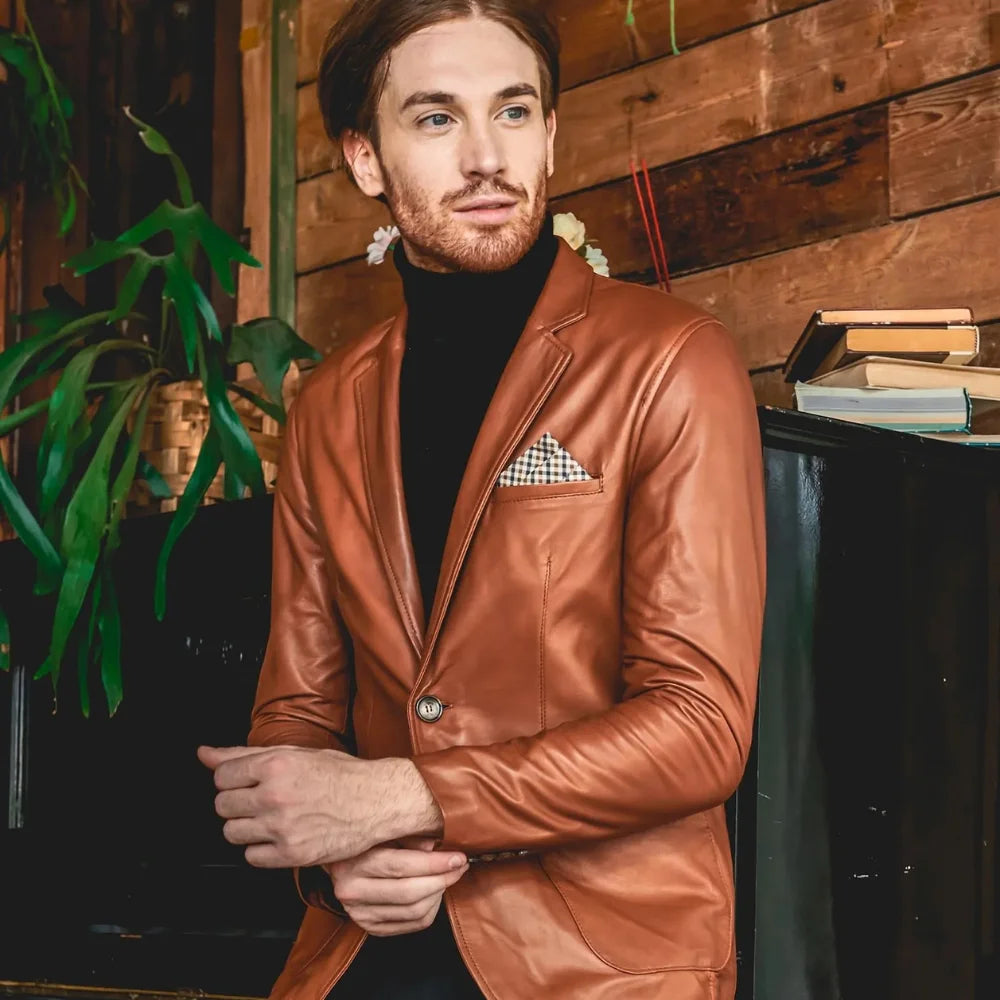 Mens Brown Two Button Tan Natural Leather Blazer Jacket