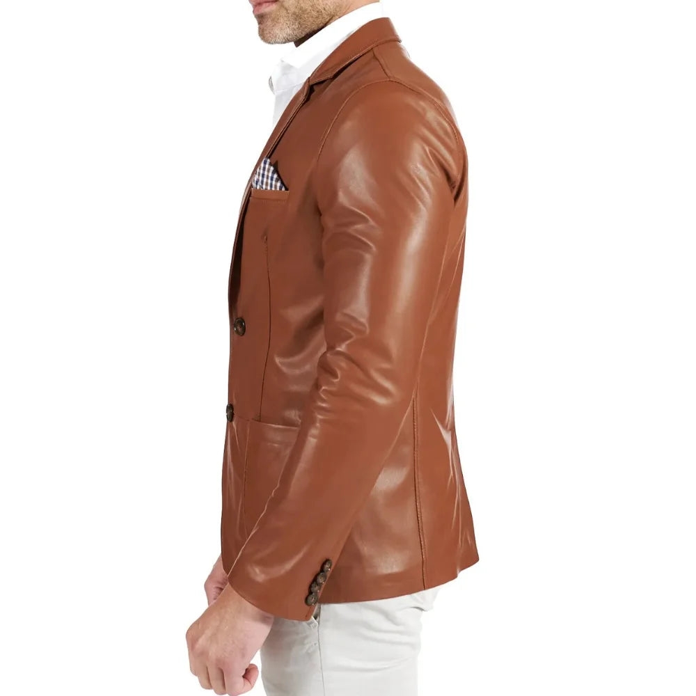 Mens Brown Two Button Tan Natural Leather Blazer Jacket