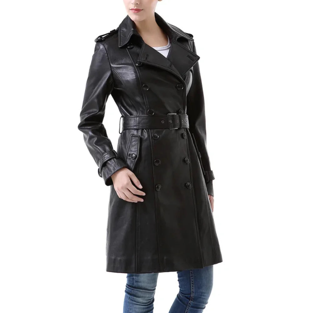 NewYork Women's Black Lambskin Double Breasted Belted Trench Coat