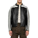 Men's Black and White Leather jacket with Grey Detailing