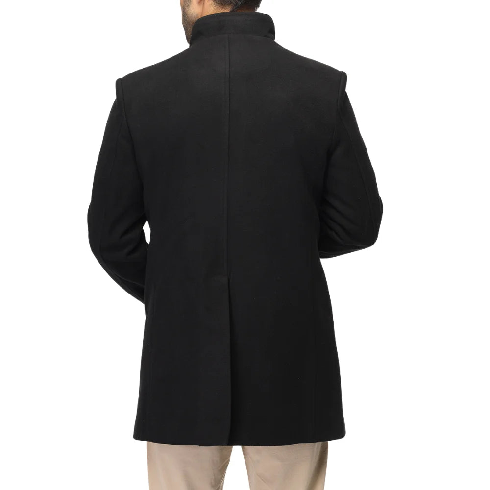 Men’s Black Stand Collar Wool Blend Winter Coat