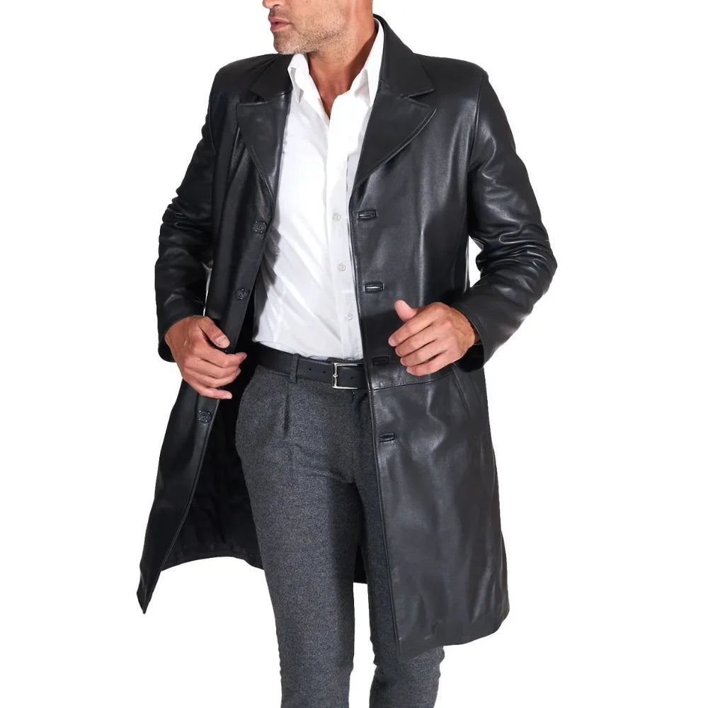 Men's Long Real Black Lamb Leather long Coat