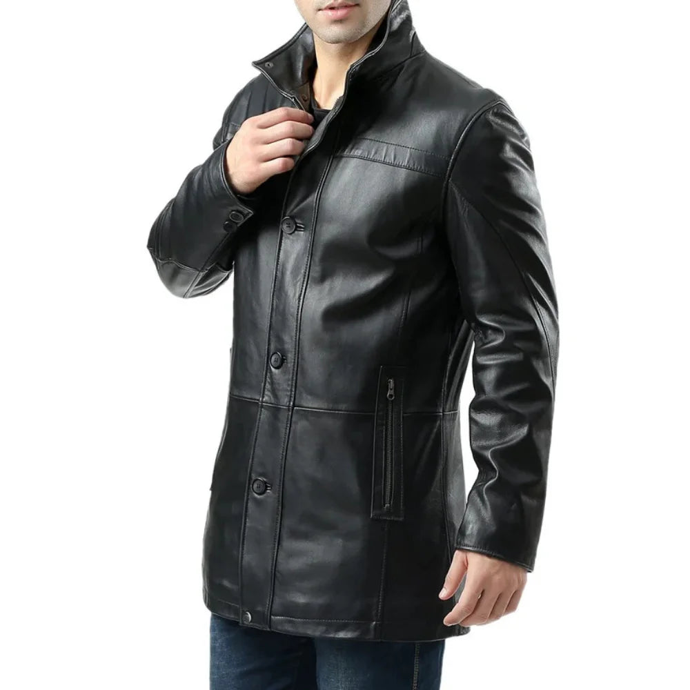 Murphy  Men's Real Lambskin Black Leather Car Coat - 3/4 Length Coat