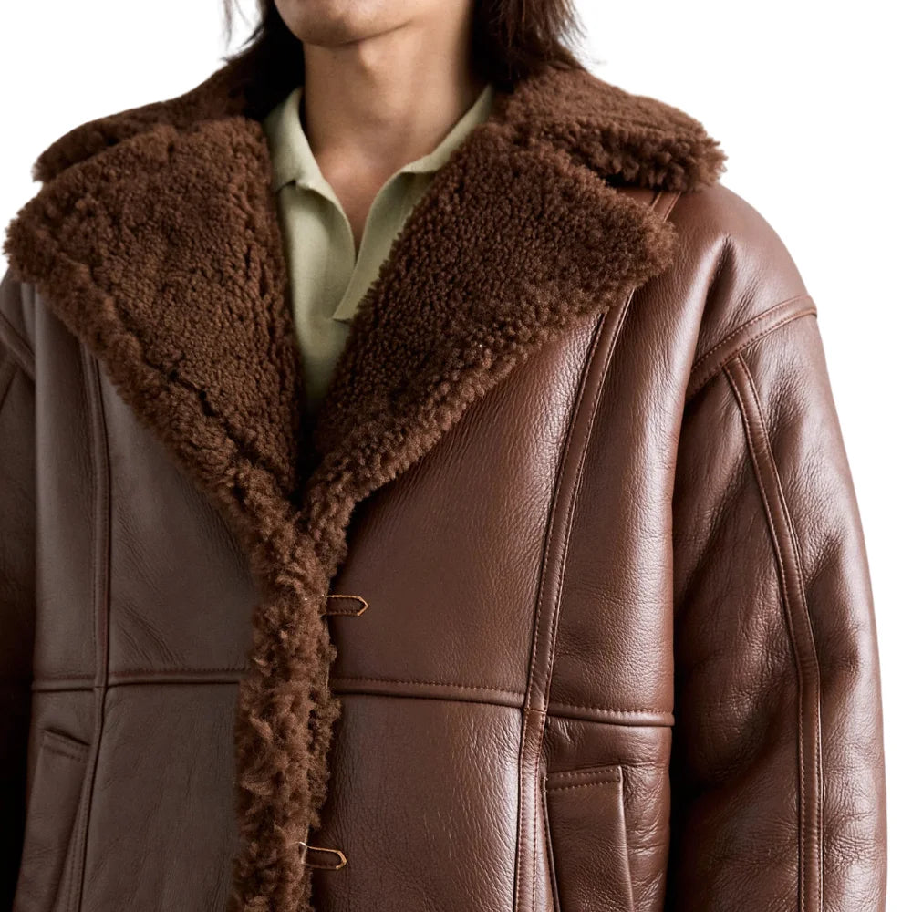 Men's Single Breasted Brown Shearling Long Coat