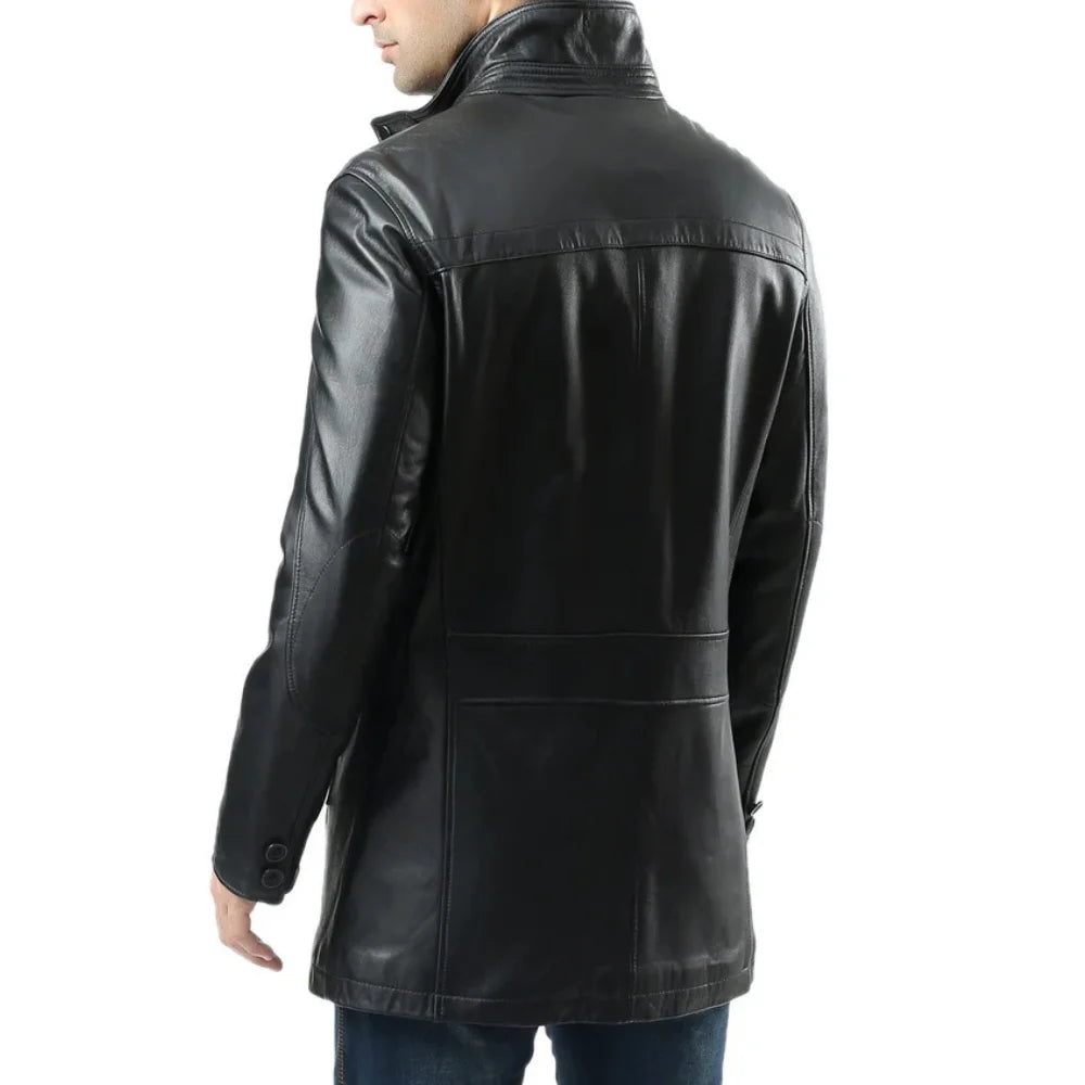 Murphy  Men's Real Lambskin Black Leather Car Coat - 3/4 Length Coat