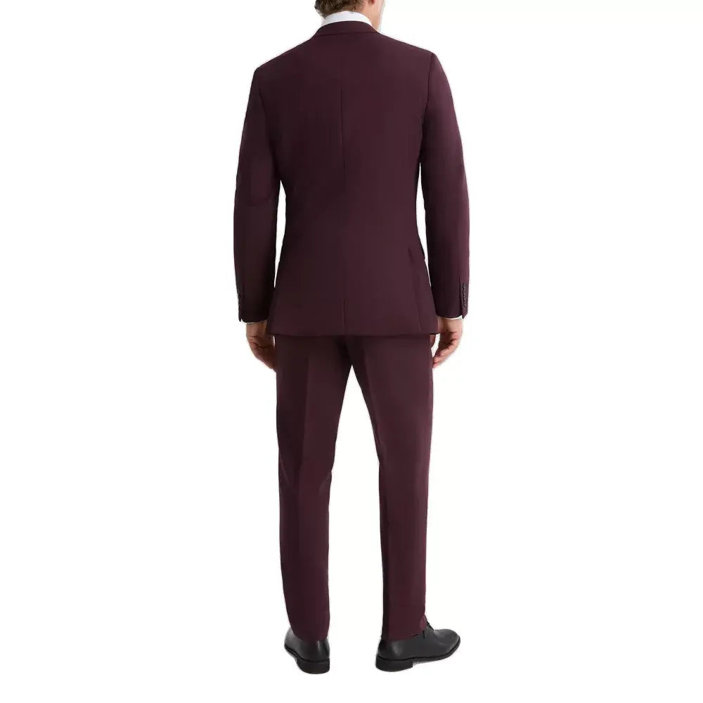 Back view of a slim fit 3 piece maroon suit designed with premium suiting fabric and a structured fit.