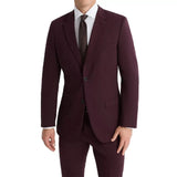 Front angled view of a slim fit maroon men's suit with elegant peak lapels and premium suiting fabric.
