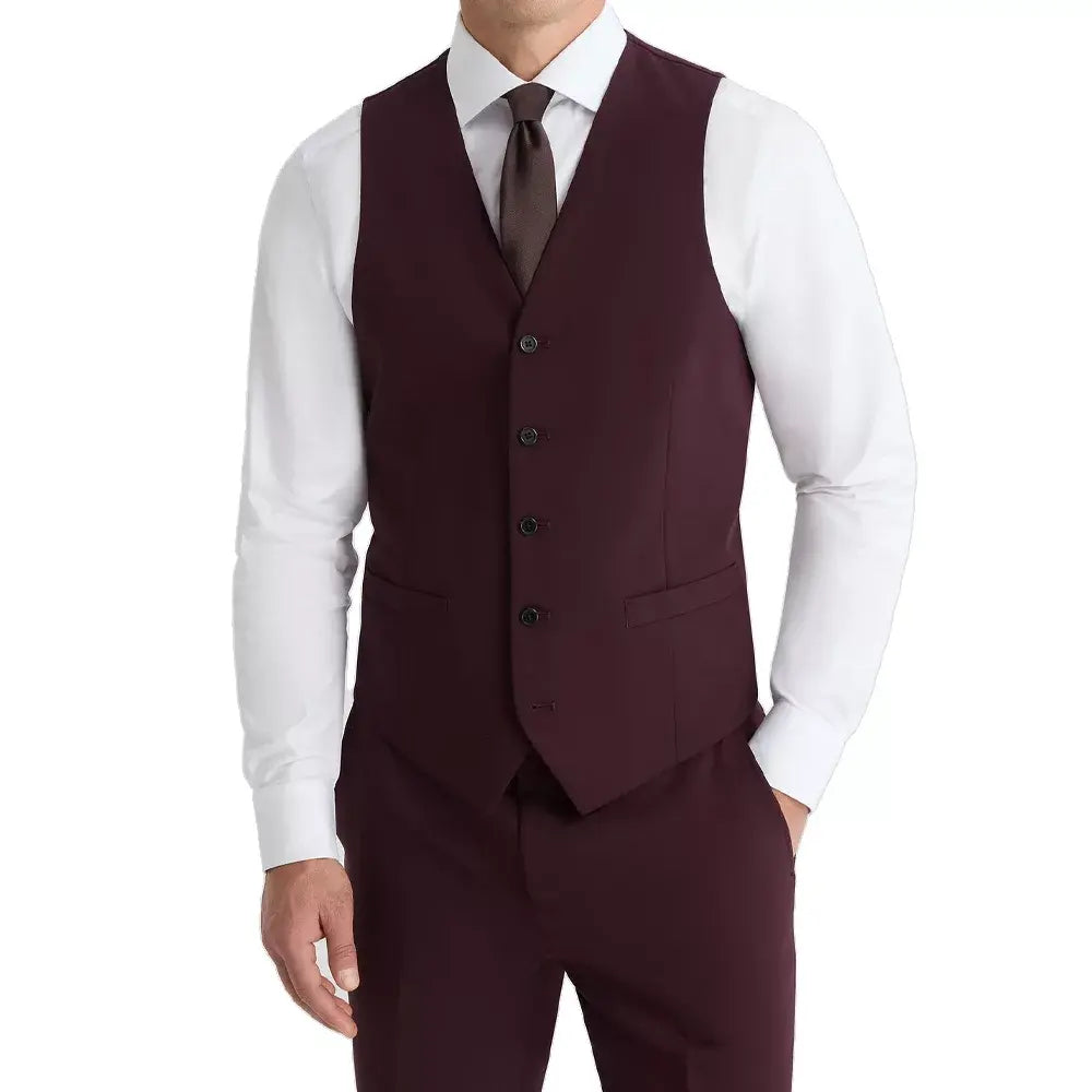 Maroon V-neck waistcoat with button closure and welt pockets from the slim fit three-piece suit.