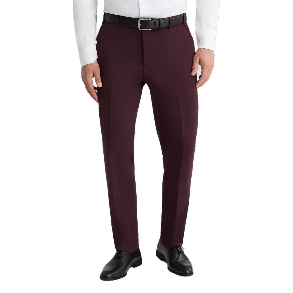 Elegant maroon wedding suit for men with a modern slim fit and sophisticated peak lapel design.