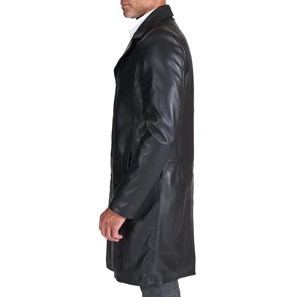 Men's Long Real Black Lamb Leather long Coat