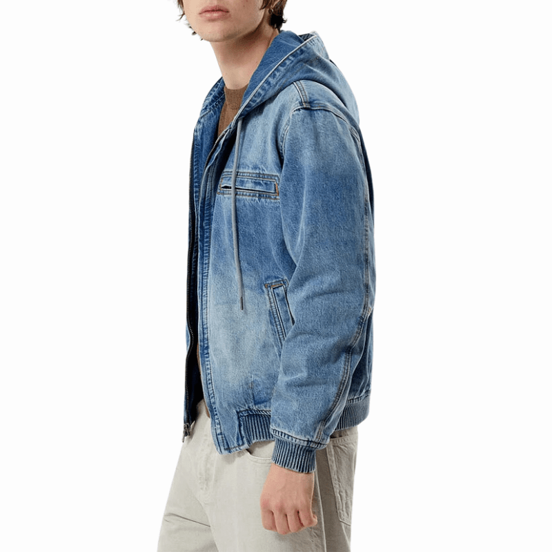 Blue Bomber Denim Jean Zip Up Hooded Jacket For Mens