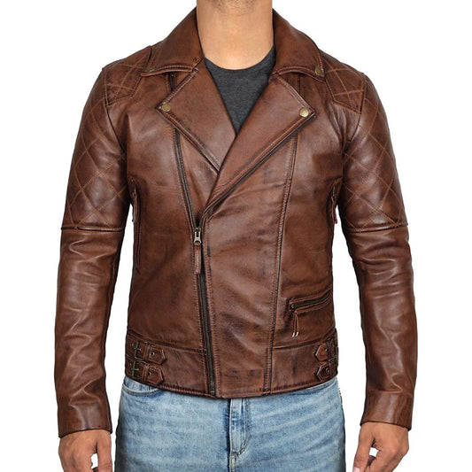 Men's Brando Brown Quilted Leather Biker Jacket