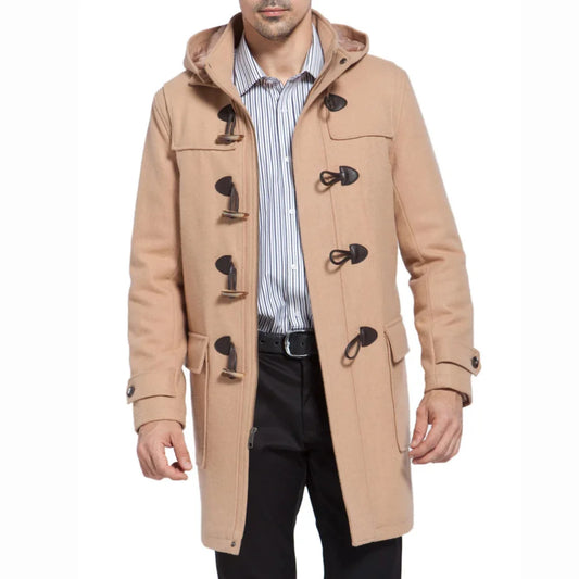 Men’s Camel Hooded Duffle Coat with Toggle Closures