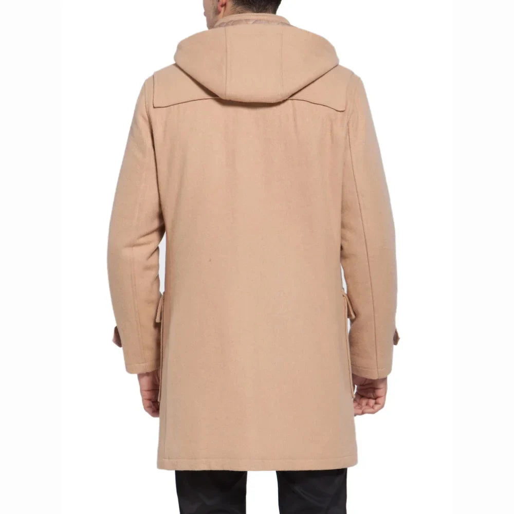 Men’s Camel Hooded Duffle Coat with Toggle Closures