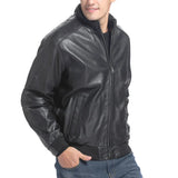 Rib-knit storm collar on men’s black leather bomber jacket