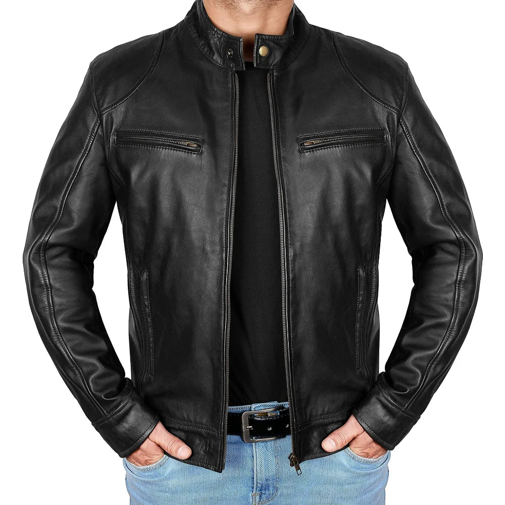 Men's Lambskin Leather Black Cafe Racer Jacket