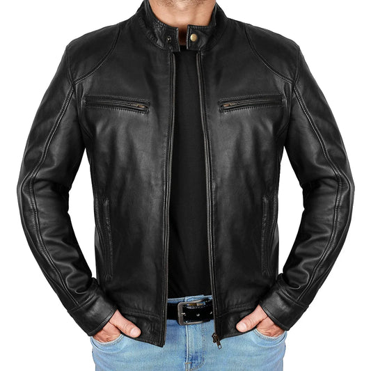 Men's Lambskin Leather Black Cafe Racer Jacket