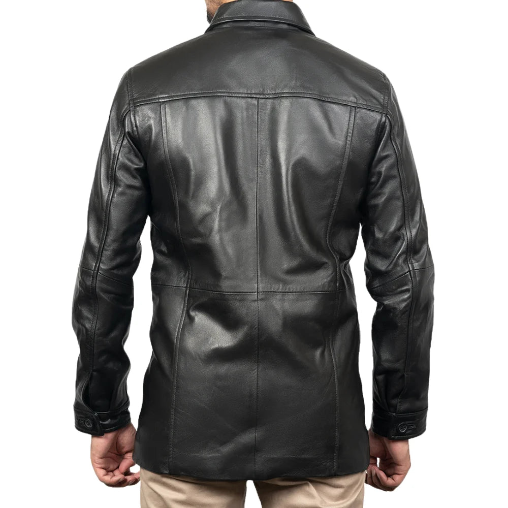 Victor Black Mens 3/4 Length Lambskin Leather Car Coat