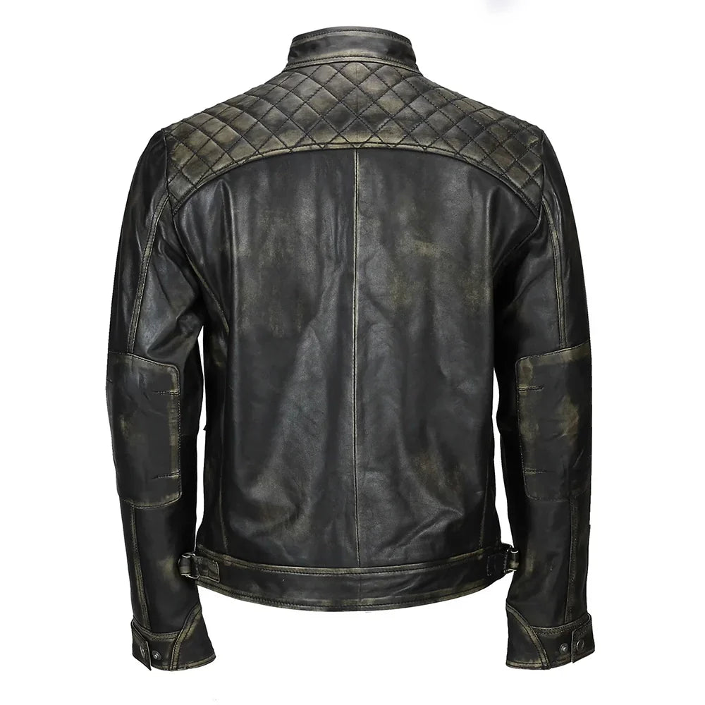 Back view of men’s tall black leather biker jacket with quilted shoulder panel