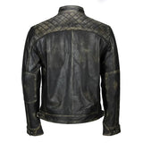 Back view of men’s tall black leather biker jacket with quilted shoulder panel