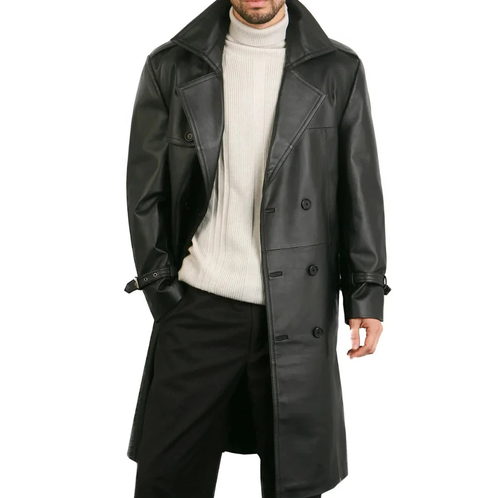 Men's Belted Double Breasted Black Leather Trench Coat