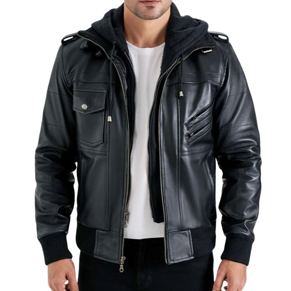 Men's Black Leather Bomber Jacket with Removable Hood
