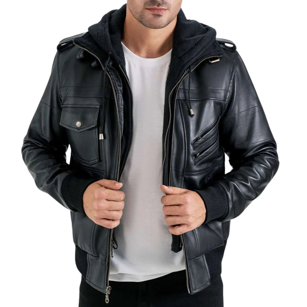 Men's Black Leather Bomber Jacket with Removable Hood