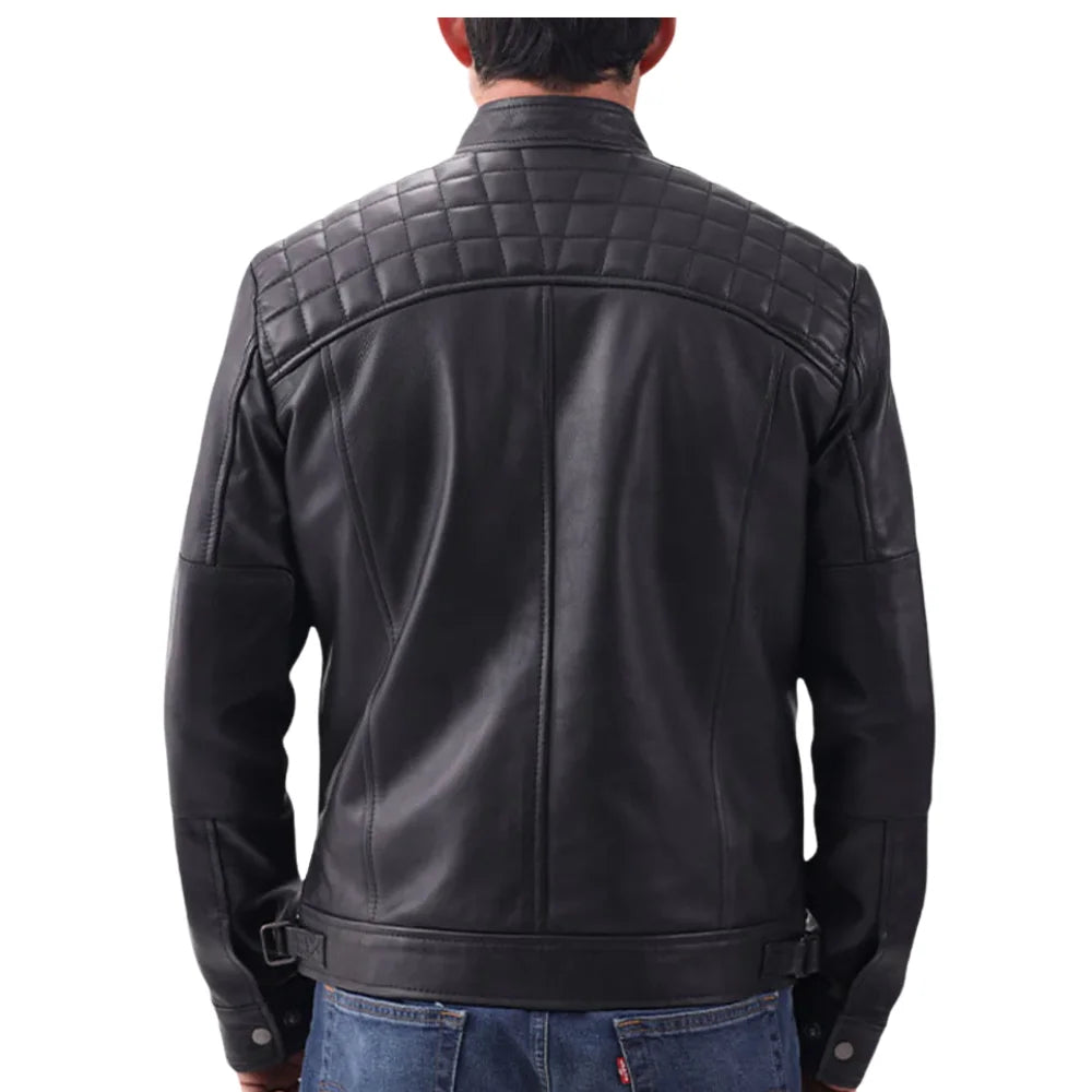 Men's Black Real Lambskin Leather Cafe Racer Jacket — Diamond Pattern Shoulders