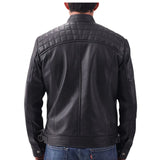 Men's Black Real Lambskin Leather Cafe Racer Jacket — Diamond Pattern Shoulders