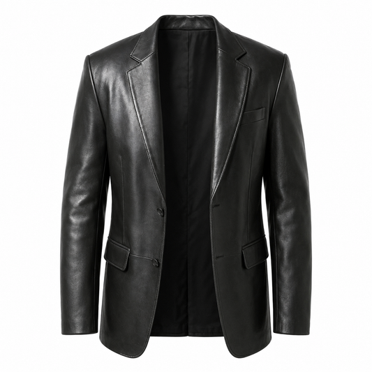 Men’s black lambskin leather blazer with two-button front, notch lapel and flap pockets.
