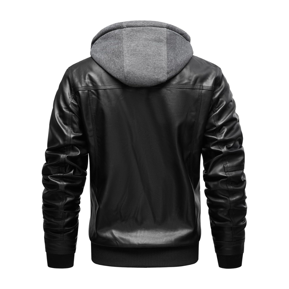 Men's Distressed Black Leather Bomber Jacket with Removable Hood