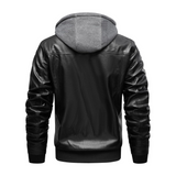 Men's Distressed Black Leather Bomber Jacket with Removable Hood