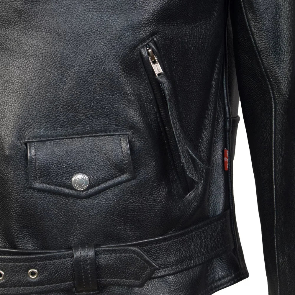 Mens Brando Belted Black Biker Leather Jacket