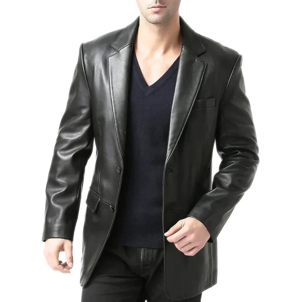 Chest pocket on men’s black leather blazer
