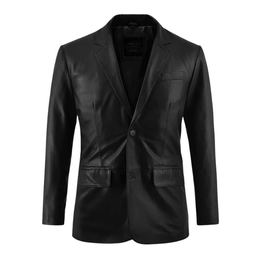 Men's Notch Lapel Two Button Black Leather Blazer Jacket