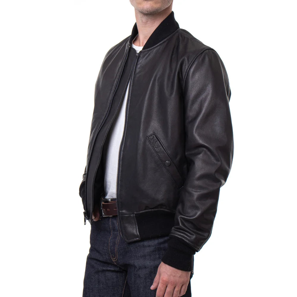 Men's Lightweight Black Cowhide Leather Bomber Jacket
