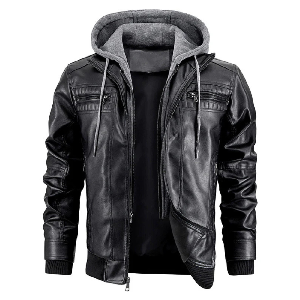 Men's Distressed Black Leather Bomber Jacket with Removable Hood