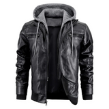Men's Distressed Black Leather Bomber Jacket with Removable Hood