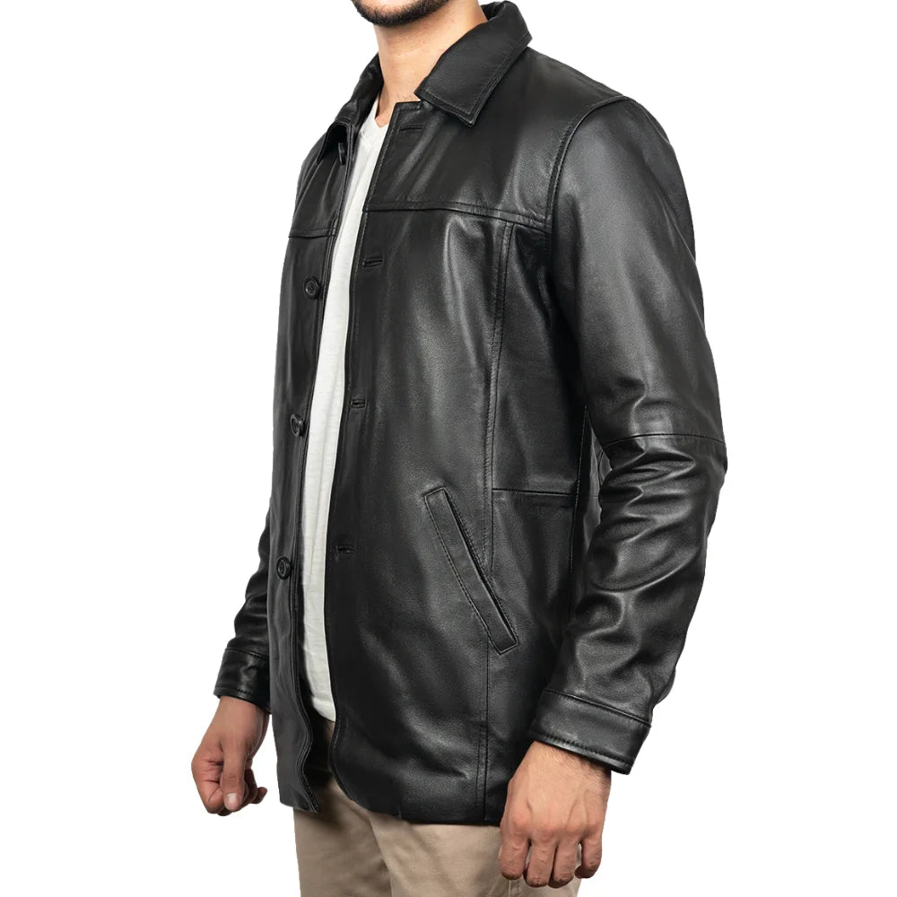 Victor Black Mens 3/4 Length Lambskin Leather Car Coat