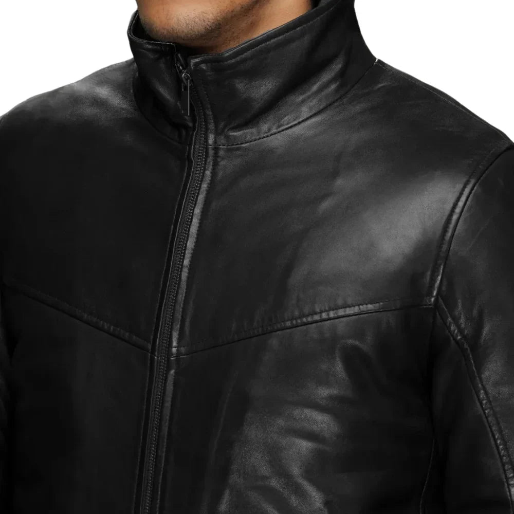 Detachable quilted vest inside men’s black leather coat