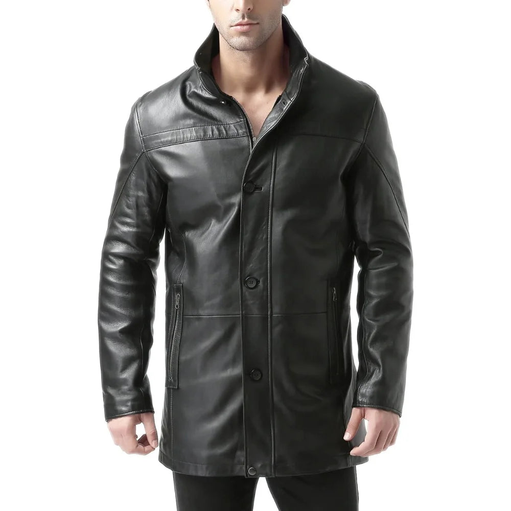 Men's Black Real Lambskin Leather Car Coat — 3/4 Length